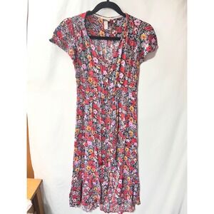 Knox Rose Floral V-Neck Midi Dress Red Pink Yellow Boho Tassel Waist Womens XS